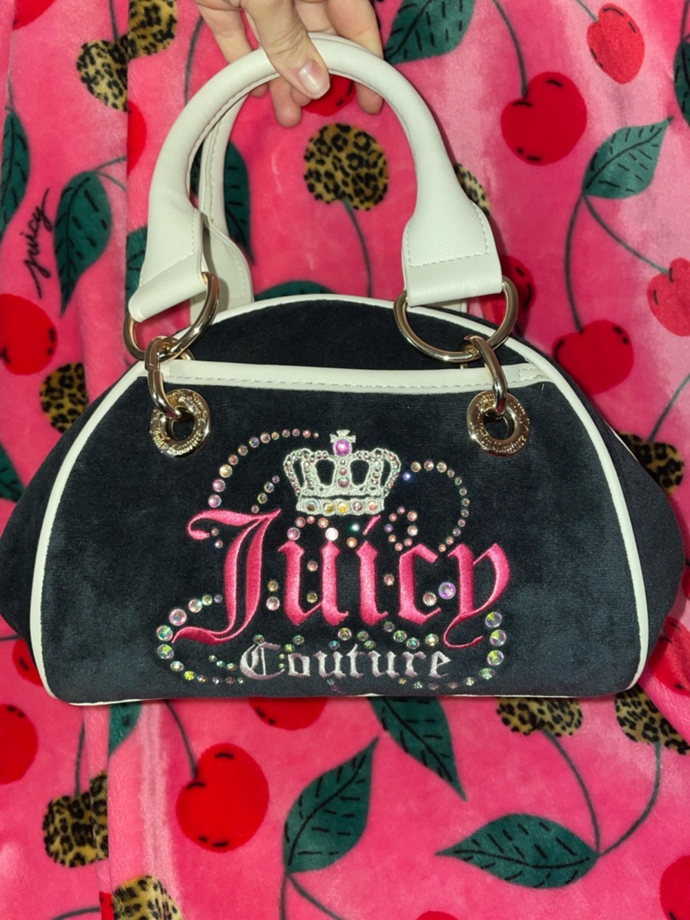 Juicy Couture Black Bag with White Handles and Pink Logo